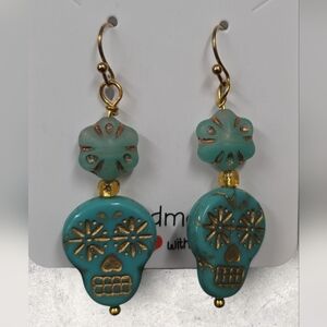Handmade Turquoise Czech Glass Sugar Skull Earrings w/Gold Accents & Gold Bead